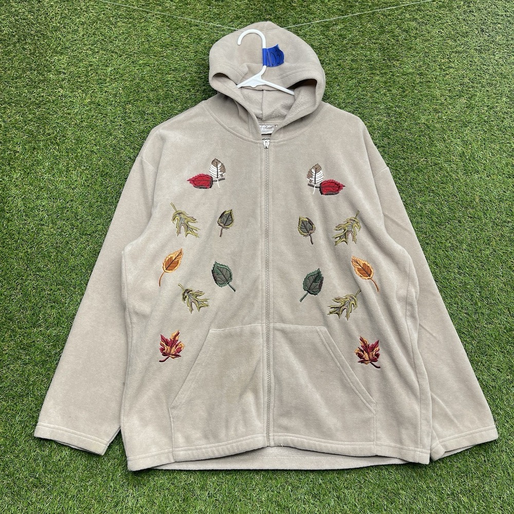 Nick & Sarah Jacket Womens Large Tan Autumn Fall Leaves Embroidered Full Zip Up